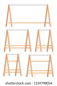 Wooden hanger rack set. Wooden object for shop or or for the hall. Wood and metal. Flat vector illustration isolated on white background.