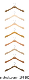 Wooden hangers for clothes, coathanger set, various woods and textures. Isolated vector illustration on white background.

