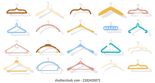 Wooden hangers for coats, sweaters, dresses, skirts, pants. Fashion clothes hanger cartoon flat icon set on white background. Wardrobe. Design template, layout for graphics, advertising. Vector