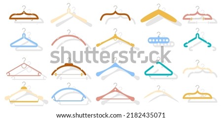 Wooden hangers for coats, sweaters, dresses, skirts, pants. Fashion clothes hanger cartoon flat icon set on white background. Wardrobe. Design template, layout for graphics, advertising. Vector