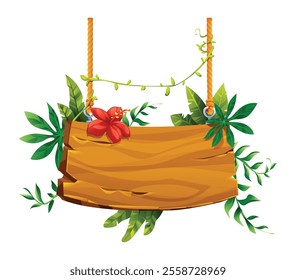 Wooden hanging board with red hibiscus and tropical leaves adorned with vines and ropes. Vector cartoon illustration