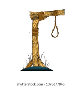 Wooden hanging guillotine on a white background. Cartoon style.