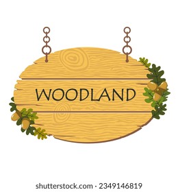 Wooden hanging oak sign of oval shape on chains. Acorns and oak leaves. Illustrated vector clipart.