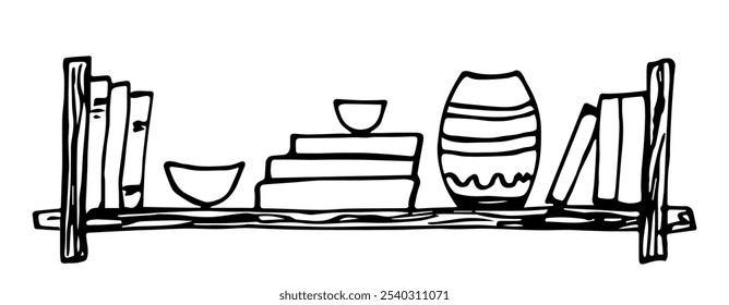 Prateleira pendurada de madeira com livros, vaso, tigela. Item interior, móveis. Ilustração de vetor desenhada à mão simples com contorno preto.