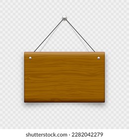 Wooden hanging signboard. Made of wood door sign for cafe, restaurant, bar or retail store. Announcement banner, information signage for business or service. Vector illustration