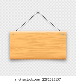Wooden hanging signboard. Made of wood door sign for cafe, restaurant, bar or retail store. Announcement banner, information signage for business or service. Vector illustration