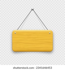 Wooden hanging signboard. Made of wood door sign for cafe, restaurant, bar or retail store. Announcement banner, information signage for business or service. Vector illustration