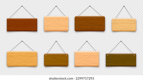 Wooden hanging signboards. Made of wood door sign for cafe, restaurant, bar or retail store. Announcement banner, information signage for business or service. Vector illustration