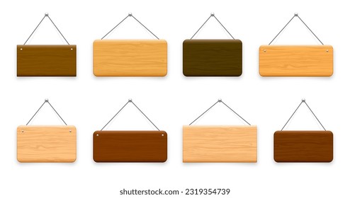 Wooden hanging signboards. Made of wood door sign for cafe, restaurant, bar or retail store. Announcement banner, information signage for business or service. Vector illustration