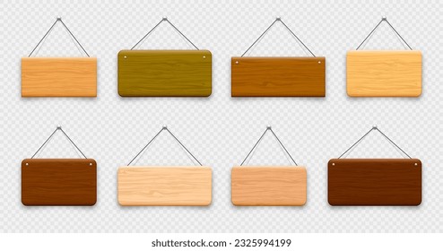 Wooden hanging signboards. Made of wood door sign for cafe, restaurant, bar or retail store. Announcement banner, information signage for business or service. Vector illustration