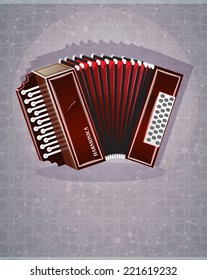 Wooden harmonica with red bellows on an abstract background