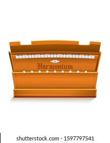 Wooden harmonium musical instrument isolated on white background in vector illustration