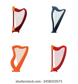 Wooden harp icons set cartoon vector. Historical stringed musical instrument. Festive, concert, festival performance