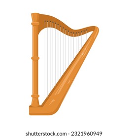 Wooden harp isolated on white background. Classical string musical instrument. Simple vector illustration. Harp icon. Musical cartoon