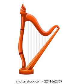 Wooden harp stringed philharmonic musical instrument isolated on white background. Red wood harp ornate carved. Vintage classic style for banners, flyers, posters and invitations. Vector illustration