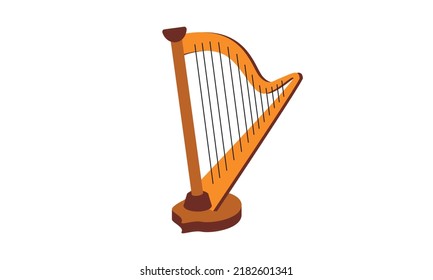 Wooden harp vector design. Classical harp flat style vector illustration isolated on white background. Harp clipart. Antique, old stringed classical string musical instrument. Brown harp flat style