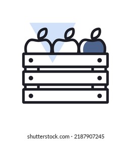 Wooden harvest box with apple vector icon. Graph symbol for agriculture, garden and plants web site and apps design, logo, app, UI