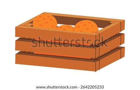wooden harvest box filled with oranges. Flat color illustration. It is suitable for packaging design, advertising, articles about gardening, farming, healthy eating and harvesting