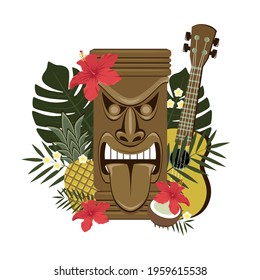 Wooden Hawaiian tiki sculpture with hibiscus flowers, plumeria and palm leaves, guitar. Design elements for print, banner, flyer.
