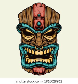 Wooden hawaiian tribal tiki mask in vintage style isolated vector illustration