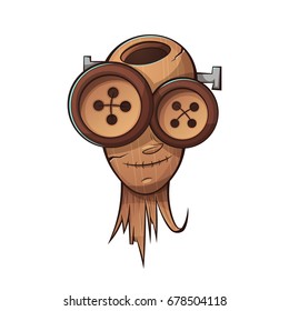 Wooden head, face people. Cartoon illustration.