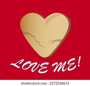 Wooden heart drawn on a red background with an inscription “Love me!” Vector illustration.