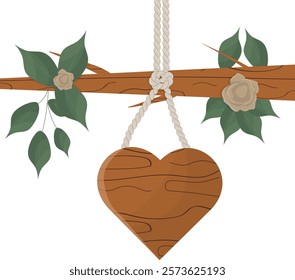 Wooden Heart with Roses on Branch Illustration isolated on white background. Eco-friendly love concept. Sustainable valentines day. Ecological love. 
Flat style. Vector illustration