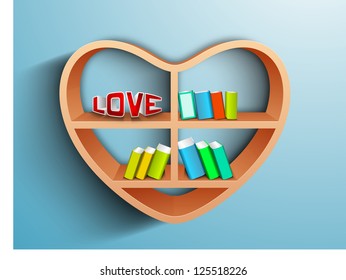 Wooden heart shape bookshelf having books and text LOVE on blue, Saint Valentines Day love background. EPS 10.