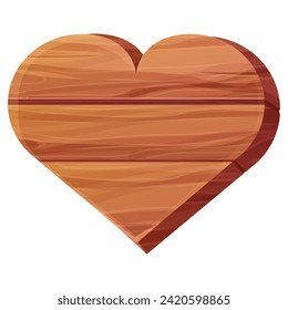 Wooden heart shape plank with wood texture in cartoon style isolated on white background. Board, game ui element, frame, decoration.