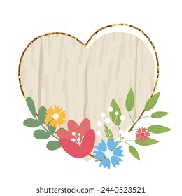 Wooden heart sign element with flowers. Vector wood board, frame, badge, label, shield, signboard collection. Brown background for your text. Vector illustration.