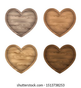 Wooden heart sign set. Vector realistic wood board, frame, badge, label, shield, signboard collection. Brown background for your text. 