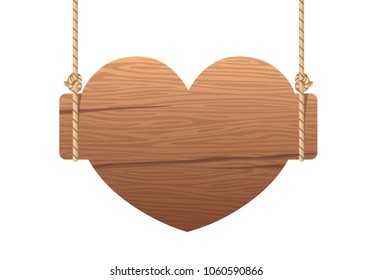 Wooden heart singboard hanging on ropes. Signboard wood with rope. illustration