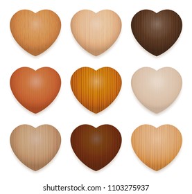 Wooden hearts. Collection of nine different decor items carved in various woods. Symbol for loving woodwork, forests or nature conservation. Isolated vector illustration on white background.