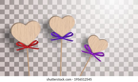 Wooden hearts on sticks with beautiful red and purple bows on a transparent background. Decorative ornaments. Vector illustration - Powered by Shutterstock - Get 15% off with code: PIKWIZARD15