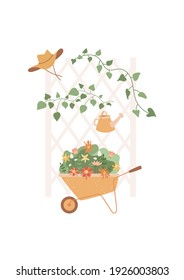 Wooden hedge with liana foliage, wheelbarrow with lush flowers and leaves. Cowboy Hat and watering can decor on the fence. Abstract vector illustration for gardening cards, banners, prints.