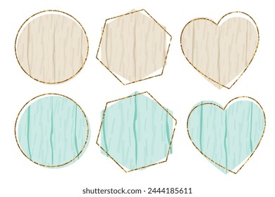 Wooden hexagon, circle and heart sign elements. Vector wood board, frame, badge, label, shield, signboard collection. Brown background for your text. Vector illustration.