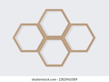 Wooden hexagon shelf with 4 cells. Decorative Honeycomb stand. Vector realistic Mockup. Empty Template for interior design. Front view. EPS 10.