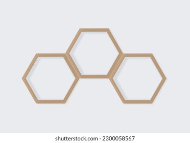 Holzhexagon-Regal mit drei Zellen. Dekorativer Honigwabenständer. Vektorrealistisches Mock-Up. Leere Vorlage für Innenausstattung. Vorderseite. EPS10.