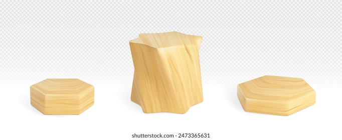 Wooden hexagon and star shaped product podium of different height and angle of view on transparent background. Realistic vector presentation platform made of light wood. Natural material pedestal.