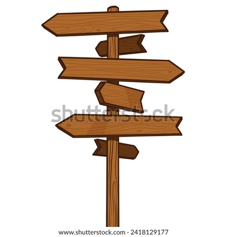 Wooden hiking trail signpost with many arrows on a white background with space for writing.