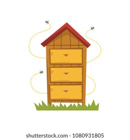 Wooden hive, apiary and beekeeping vector Illustration on a white background