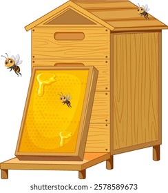 Wooden hive with bees and honeycomb frame