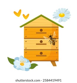 Wooden hive with blooming flowers and bee isolated on white background.