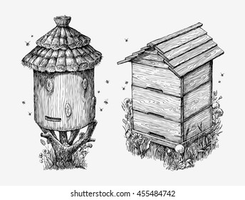 Wooden hives. Hand drawn sketch beekeeping, honey, bees. Vector illustration