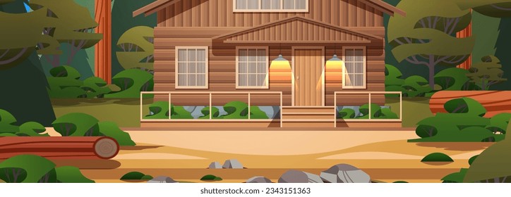 wooden holiday house in forest cottage among trees suburban real estate concept horizontal