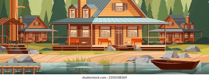 wooden holiday house near lake in forest cottage among trees suburban real estate concept horizontal