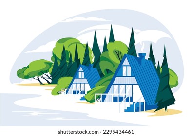 wooden holiday houses near a river or lake. Rest, relax, tourism, fishing concept. Vector flat illustration landscape
