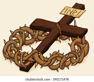 Wooden Holy Cross with a crown of thorns for Good Friday in beige background.