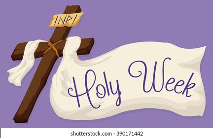 Wooden Holy Cross with a white fabric and a Holy Week message in purple background.