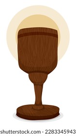 Wooden Holy Grail with halo and wood texture, in cartoon style on white background.